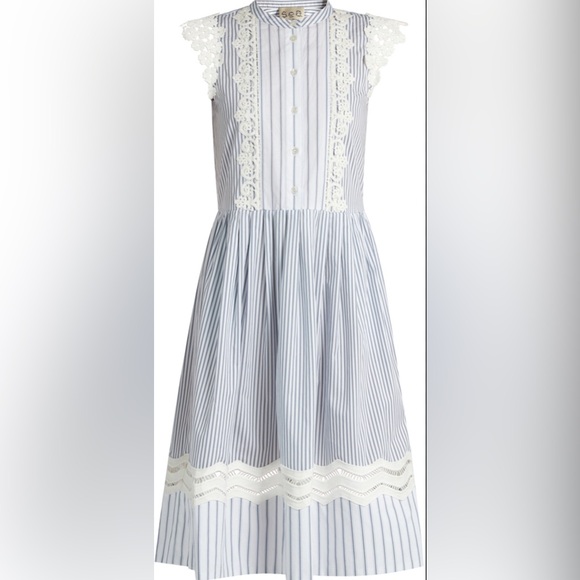 Sea New York Blue & White Stripe Cotton Midi Dress with Lace Detail